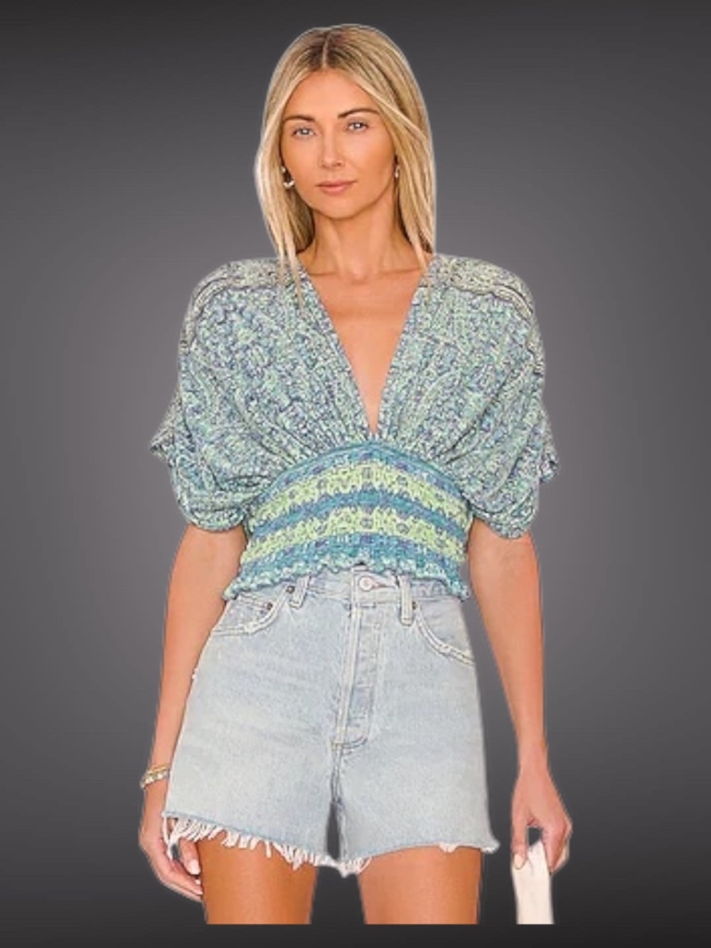 FREE PEOPLE Next Vacation M Top Deep V-Neck Wide Smocked Waist Pretty Blues NWT
